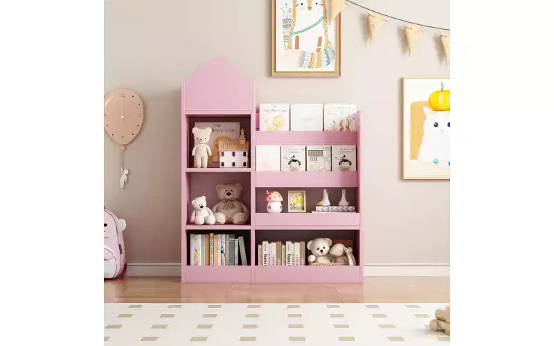 Zevemomo 4 Tier Kids Bookshelf and Toy Storage, Wooden Children Bookshelf, Toy Storage with Bookshelf for Playroom, Classroom, Bedroom, Library, Pink