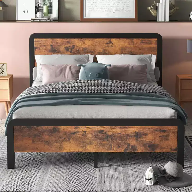 Coolmee Metal Full/Queen Size Bed Frame with Rustic Vintage Wood Headboard, Platform Bed Mattress Foundation with Safe Rounded Corners