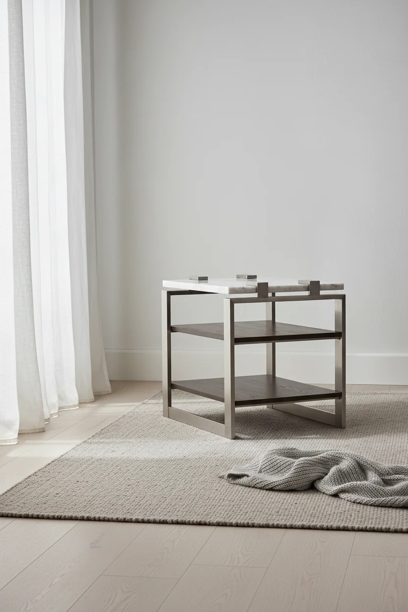 22 Modern End Table with Shelf - White Marble Top with Brushed Platinum Frame