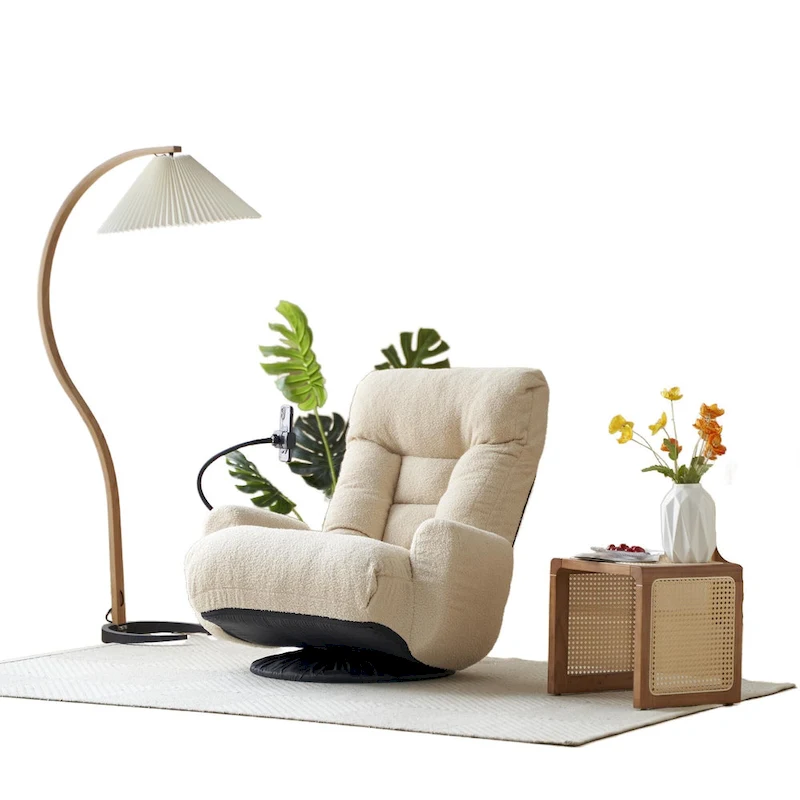 Beige Boucle Swivel Recliner with Phone Holder, Adjustable Headrest, and Backrest
