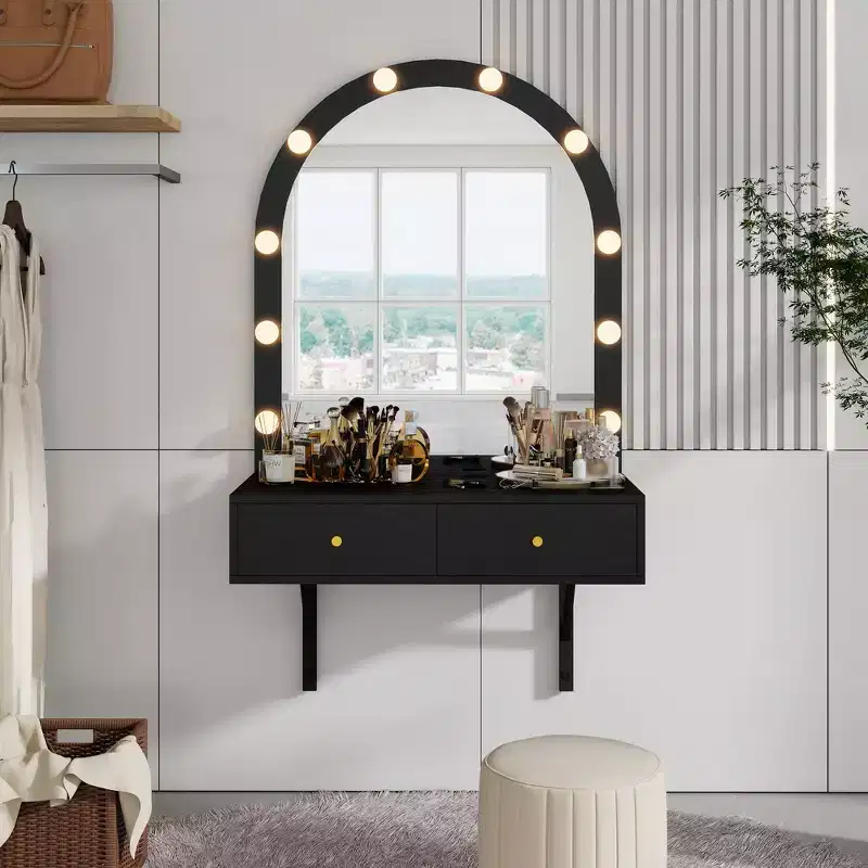 Whisen Wall Dressing Table, Floating Makeup Vanity Desk, Modern Dressing Table Vanity with Mirror, Large Storage
