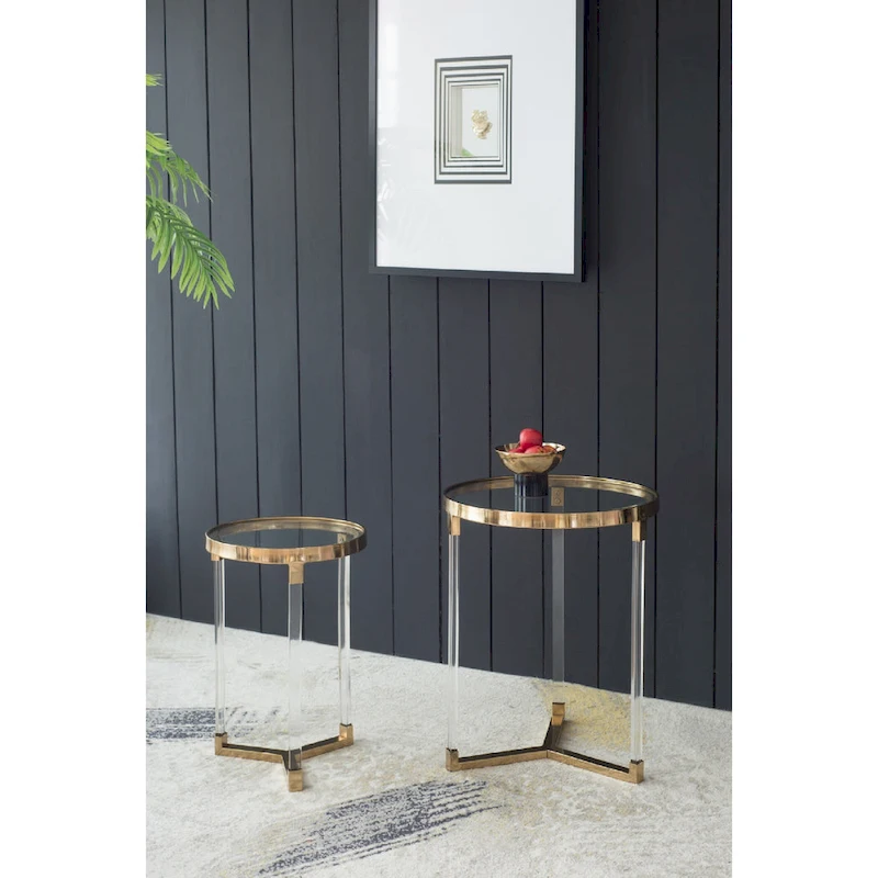 Verrill Acrylic and Iron Round Tables - Set of 2 - Gold Frame - Clear Top