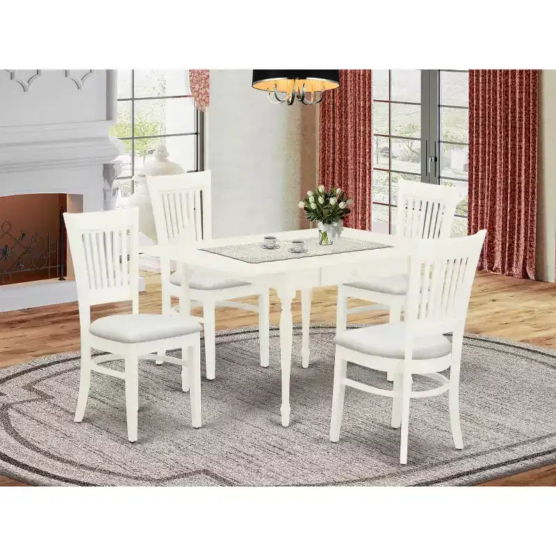 Mid Century Dining Table Set with 4 Chairs - Boho Kitchen Dinette Set - Linen White Finish