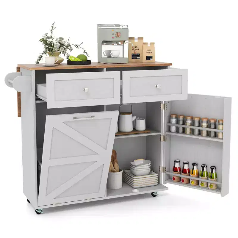 Costway Rolling Kitchen Island Kitchen Island Cart with Drop Leaf Trash Can Cabinet Black/White