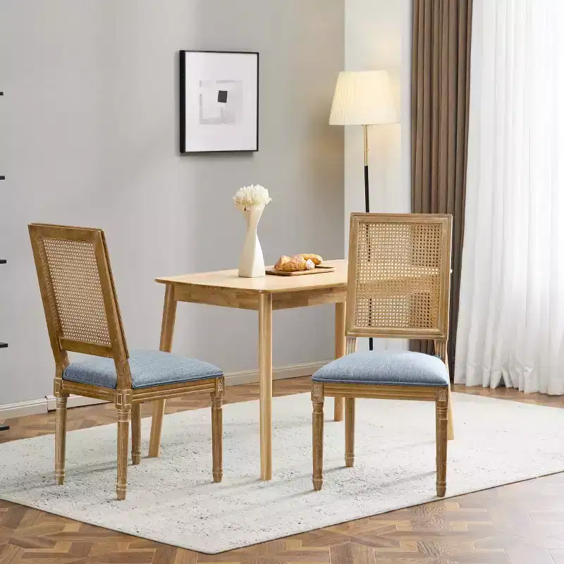 Set of 2 French Country Dining Chairs with Rattan Back and Upholstered Seats, Solid Wood Armless Chairs for Dining Room or Kitchen-Panipeachy