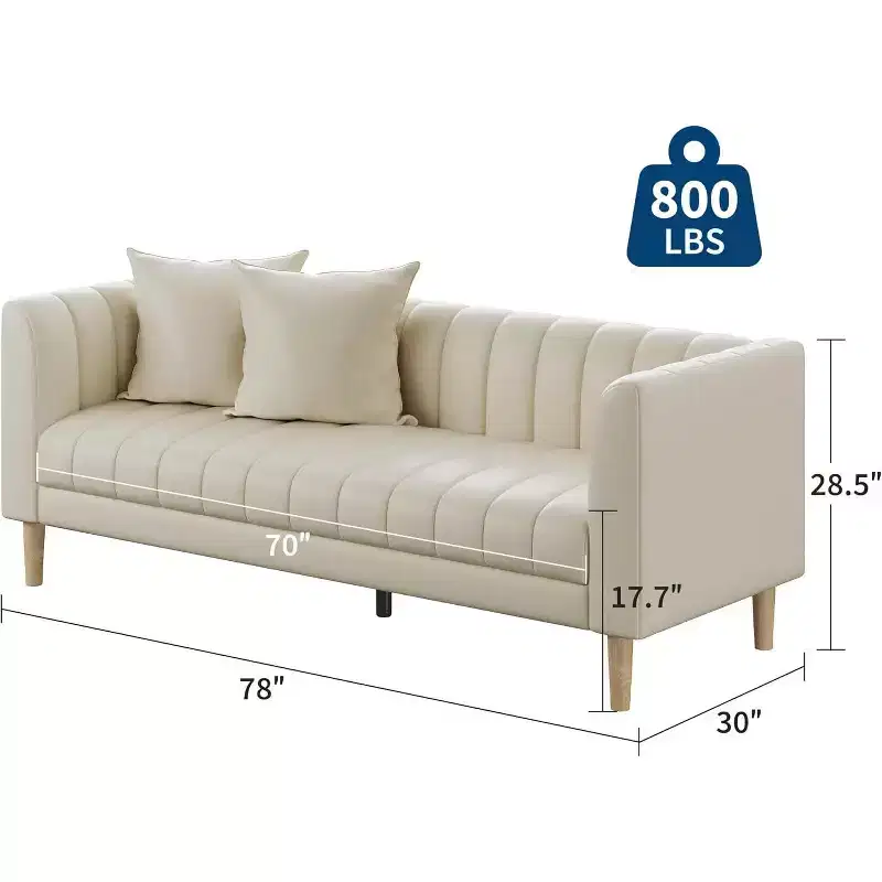 Modern 78 Faux Leather Sofa Couch, 3 Seater with Deep Seats, 2 Throw Pillows, Wood Legs, Easy Assembly, Brown