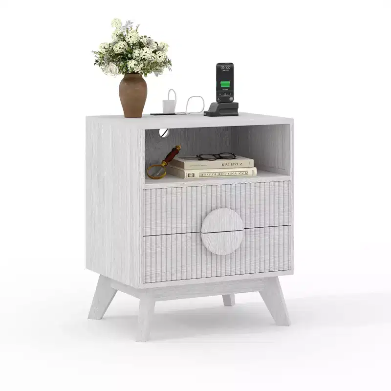 GustoWave Farmhouse Fluted NightStand Set of 1/2, Wood Tall Nightstands, End Table with 2 Drawers & Open Shelf & Feet