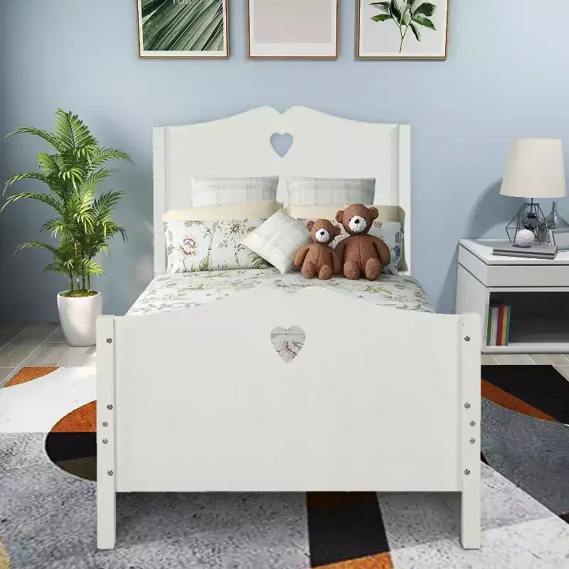 Bed Frame Twin Platform Bed with Wood Slat Support and Headboard and Footboard White