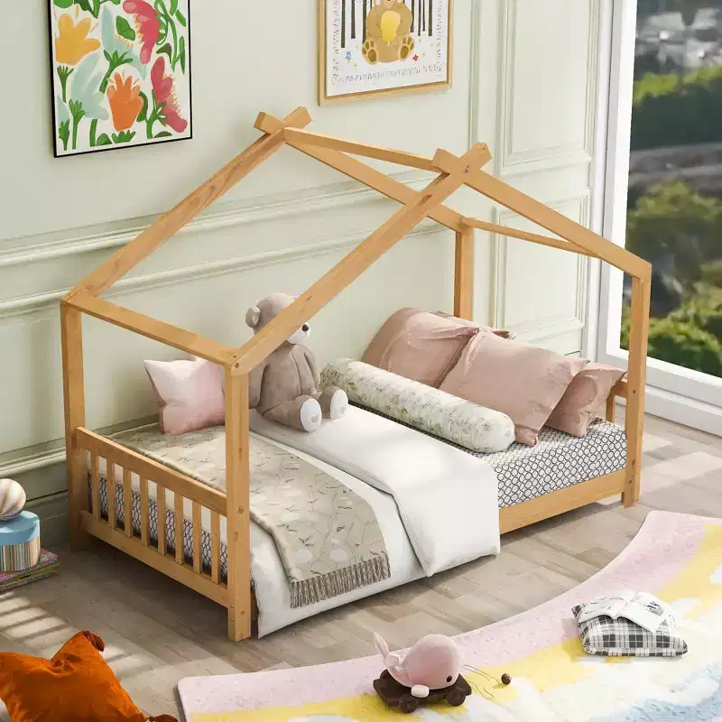 Twin/Full Size Platform Bed, House-Shaped Wooden Play Bed Frame with Headboard, Footboard, and Roof Design