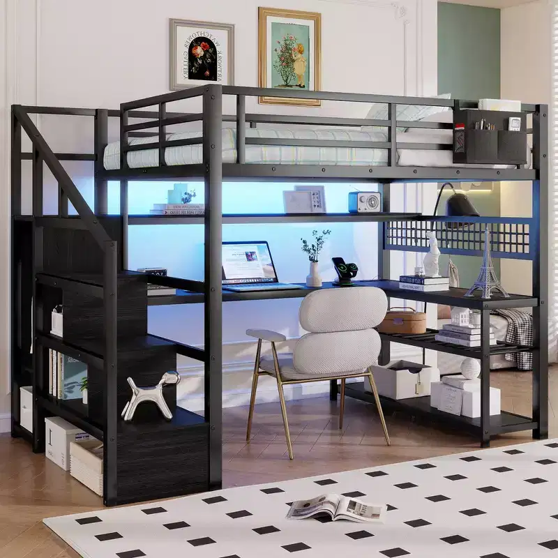 Whisen Full Size Metal Loft Bed & Bed Frame with Staircase and Wardrobe, Desk, Storage Shelves