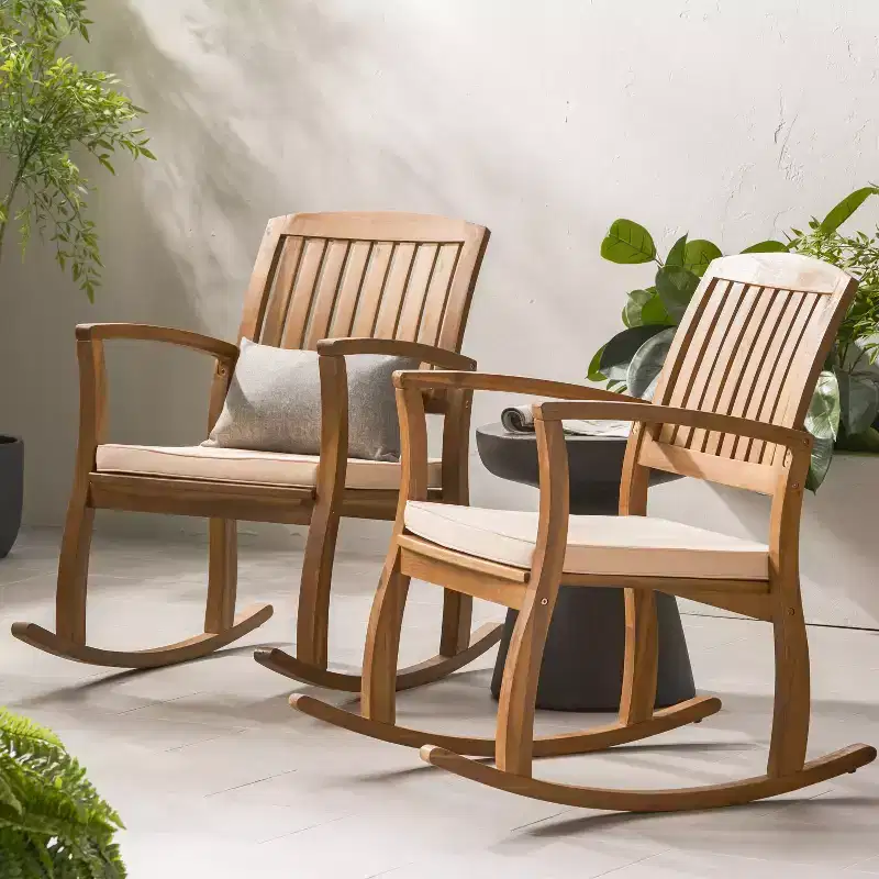 GDFStudio Irvin Outdoor Acacia Wood Rocking Chairs with Cushion, Teak/Cream