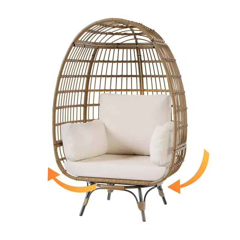 360 Swivel Egg Chair with Cushions, Indoor Outdoor Wicker Egg Basket Lounge Chair for Patio Porch Living Room, All Weather Resistance