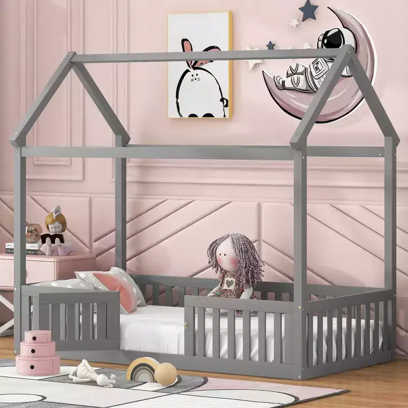 Twin/Full Size Wood House Bed with Fence and Door
