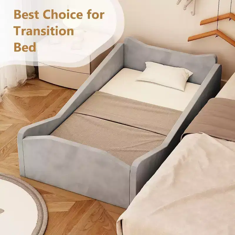 JOYMOR Toddler Bed, Floor Bed with Safety Guadrail, Montessori Toddler Bed with Animal Ear Shapes