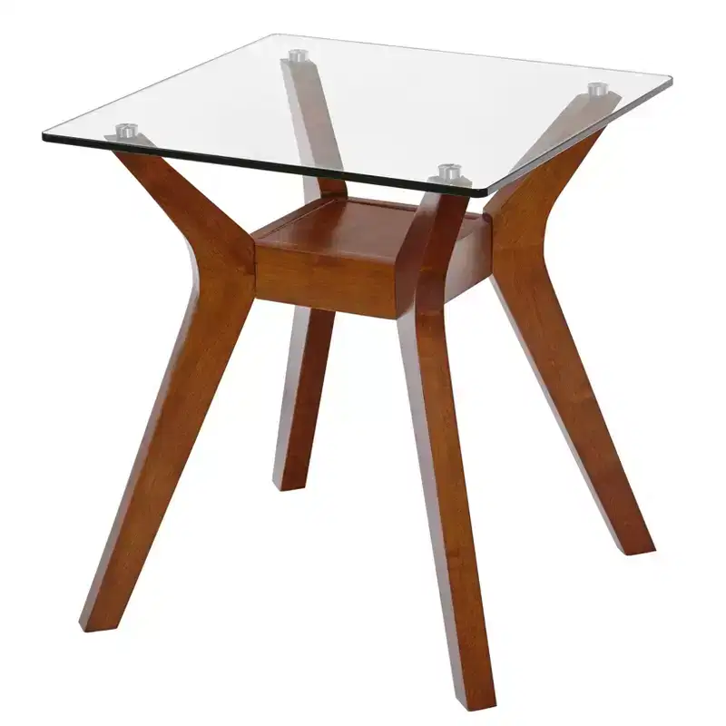 Fontana Glass Top End Table Walnut: Mid-Century Modern, Rubberwood Frame, Clear Tempered Top