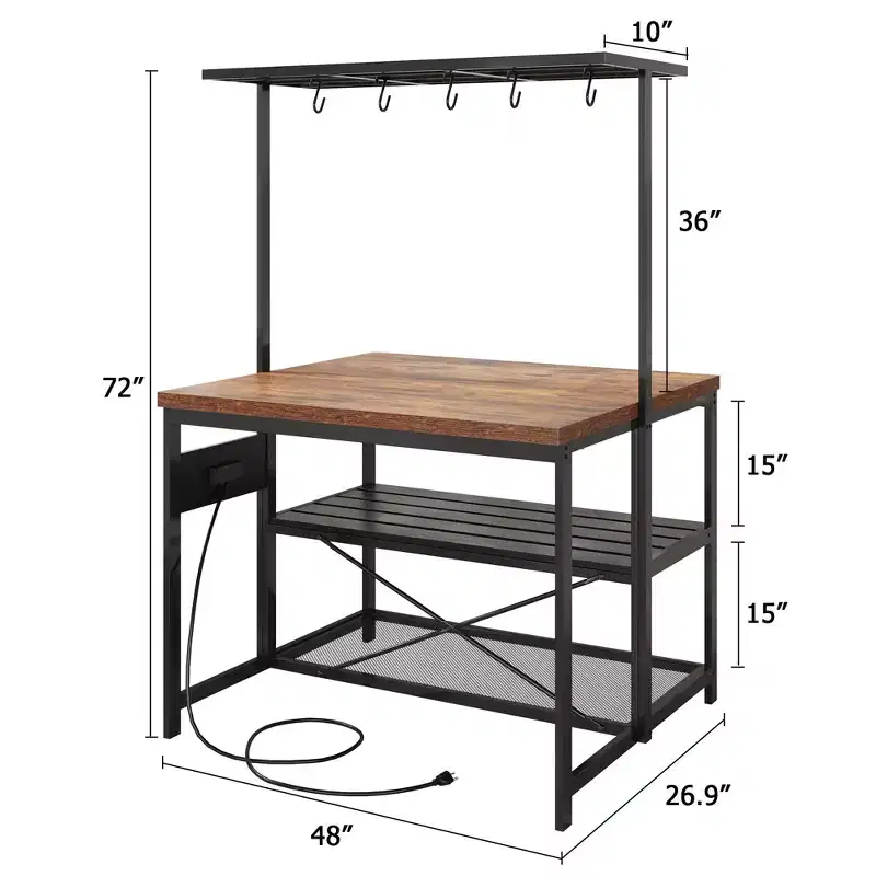 Kitchen Island with Storage, Bakers Rack, Island Table for Kitchen,3 Tier Microwave Stand Oven Shelf,Large Coffee Bar Table, Storage Shelf, 5 Hooks