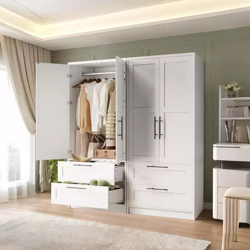 Wooden Armoire Wardrobe Closet with 2 Drawers, 70 Tall Clothing Storage Cabinet with 2 Doors, Modern Bedroom Clothing Armoires with Hanging Rods