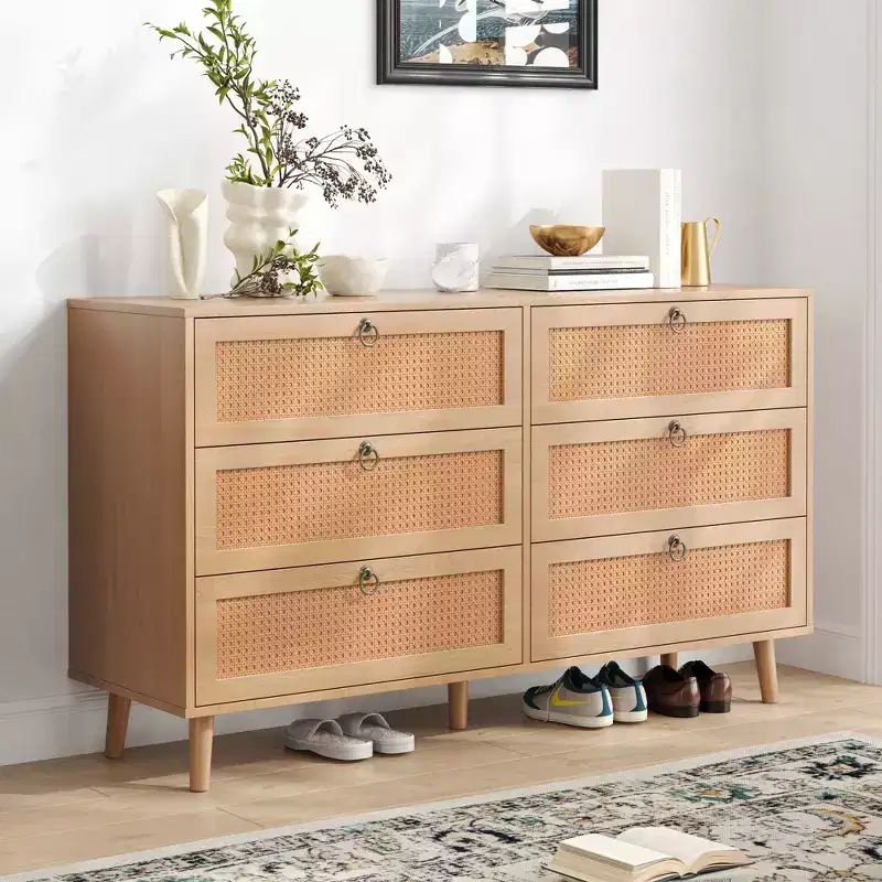 JVNOXK 51-inch Rattan Double Dressing Table with Six Drawers, Five-Drawer Chest, Modern Style Chest of Drawers, Fixed Back Panel, Wood-Tone Finish