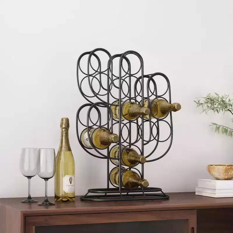 Modern Wine Rack Countertop, Black Metal, 23.25 x 14.75 x 8 Inches, Freestanding Design, Holds 12 Bottles, Contemporary Home Bar Storage