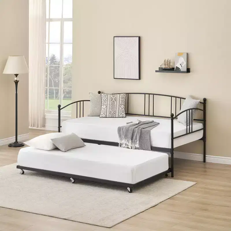 Twin Metal Daybed with Pull-Out Trundle & 6 Casters - Steel Slat Support, Space-Saving Guest Sofa Bed
