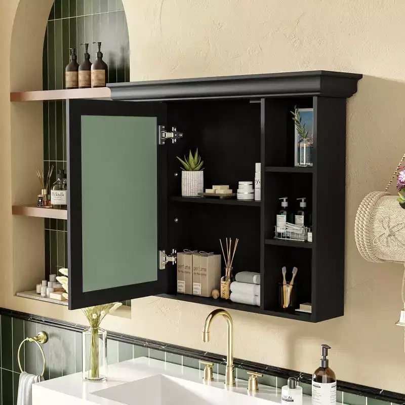 35x28 Wall Mounted Medicine Cabinet with Mirror Door and 6 Open Shelves