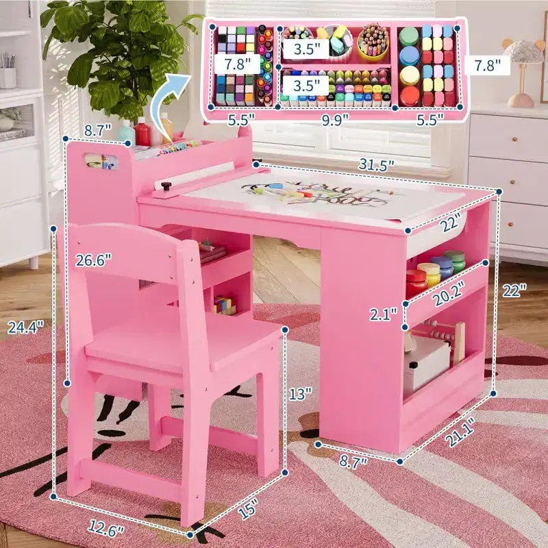 Kids Art Table and Chairs Set, Large Kids Craft Table with 2 Chairs, Multi-Functional Art Desk with Storage Shelves for Children Room, Kindergarten