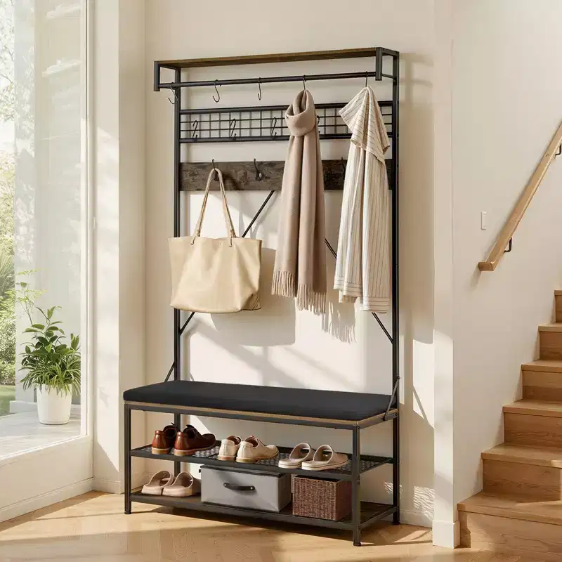 VEVOR Hall Tree, 72 in Coat Rack with Shoe Bench, 2-Tier Freestanding Shoe Rack Storage Organizer with Hooks, Hanging Rod and Wire Shelf,Brown & Black