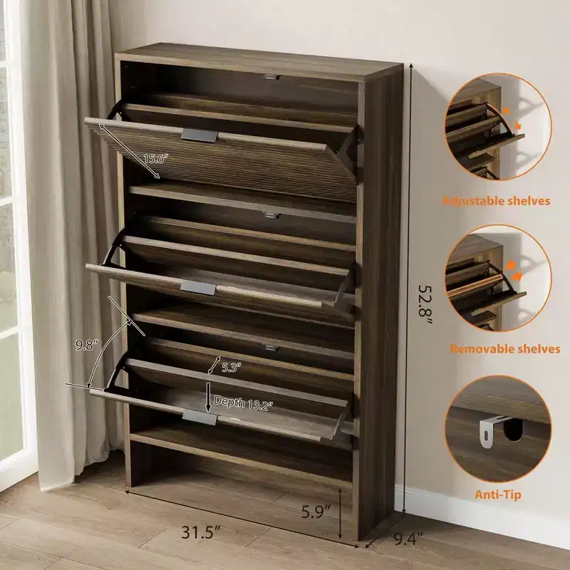 Tall Fluted Shoe Storage Cabinet w/ 3 Flip Drawers, 32 Wide Freestanding Hidden Shoe Organizer Rack for Narrow Entryway, Hallway & Closet