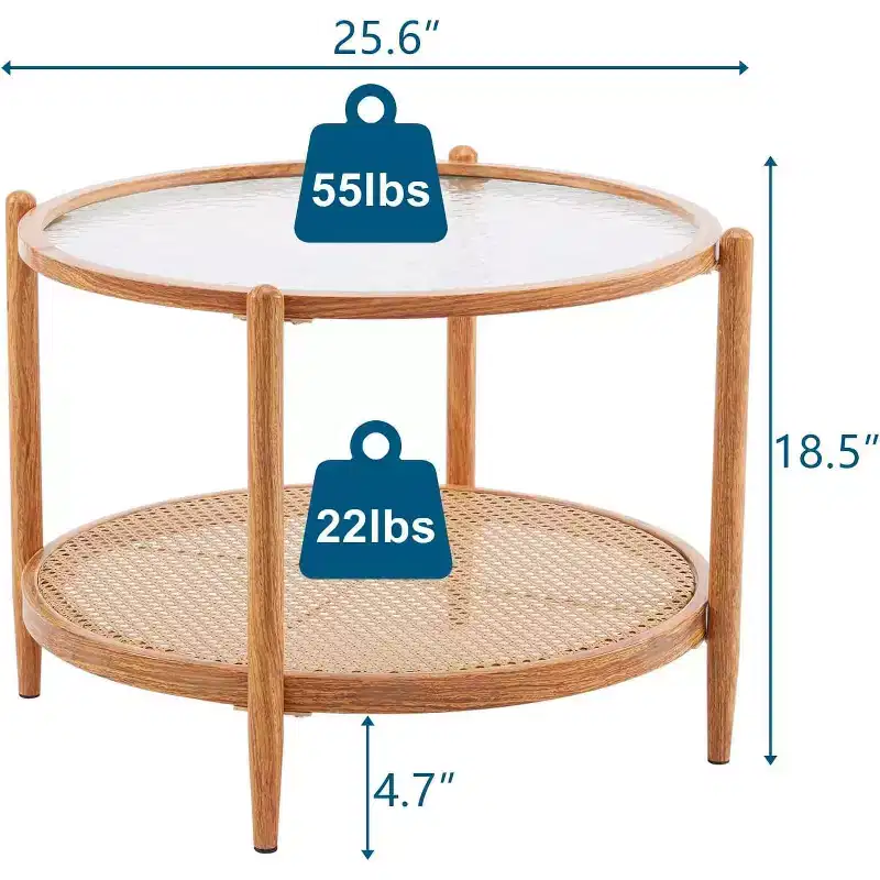 25.6 Rattan Coffee Table, Round Glass Coffee Table for Living Room,Natural Vibe