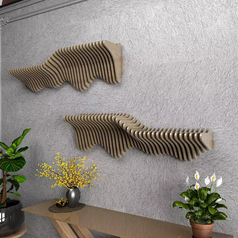 HomeStock Parametric 63 inch Floating Shelf TV Unit Modern Geometric Wooden Wall Piece Decor Natural Oak Color 3D Wavy Living and Gaming Room Shelf