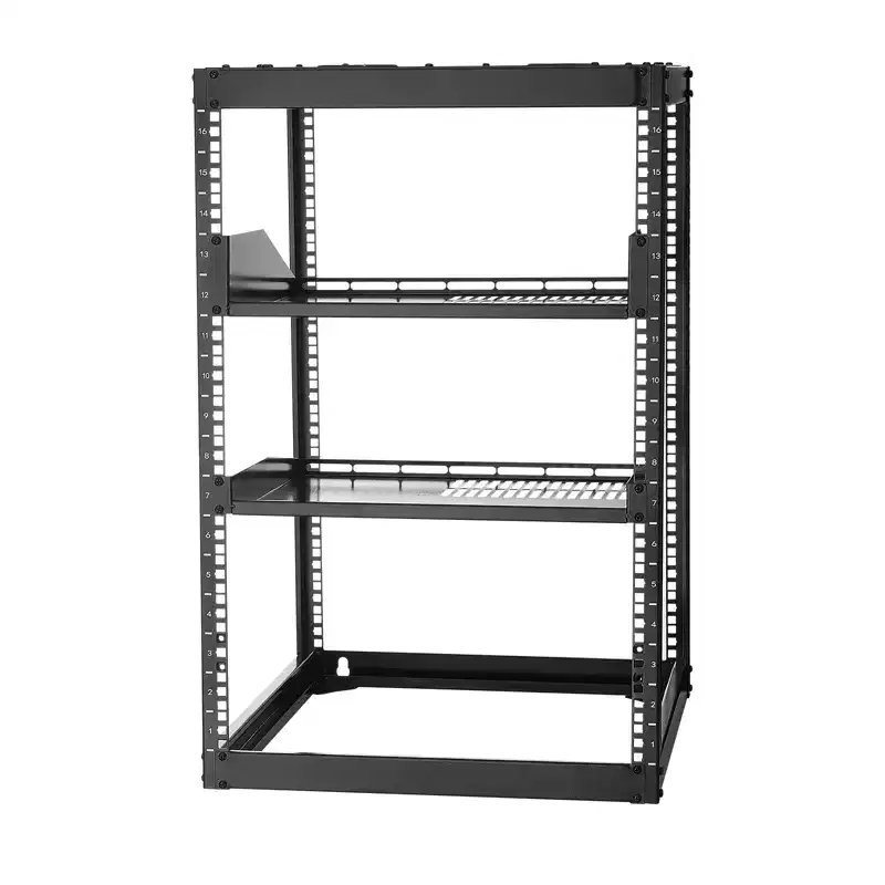 VEVOR 16U Open Frame Network Rack, 23 in Depth, Wall Mounted or Floor Standing Server Rack, Heavy Duty 4 Post, with Vented Shelves, Black