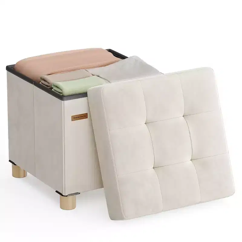 Small Velvet Storage Ottoman with Folding Design, 15 x 15 x 15.7 Inches, 9.8 Gal Capacity