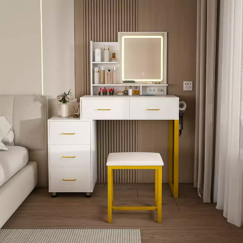 JVNOXK Vanity Table with LED Lights, 3 Color Modes and USB Port, 5 Drawers, Sturdy Metal Legs and Metal Chair, for Bedroom & Dressing Room, White