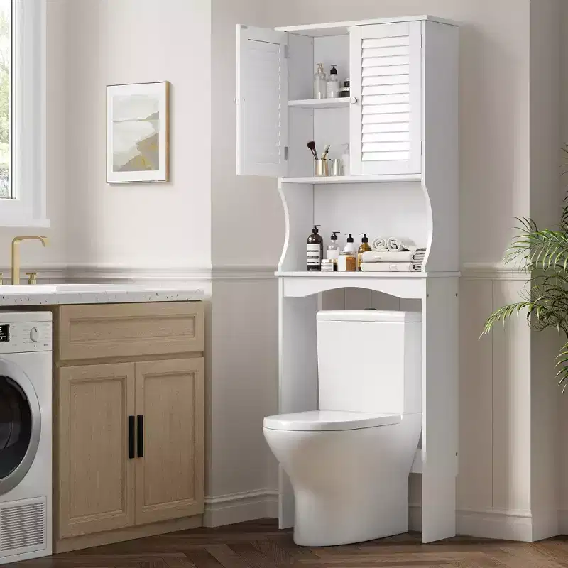 Acekool Over The Toilet Bathroom Cabinet, Adjustable Shelf, Louvered Doors, Anti-Tip, Water-Resistant, White, for Small Bathrooms