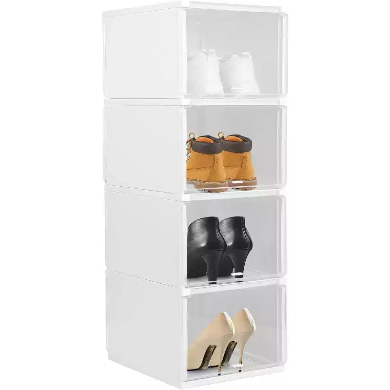 Clear Foldable Stackable Shoe Organizer Box with Front Opening, Transparent PP Plastic Sneaker Storage for Closet, 4 Pack