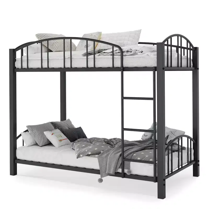 Heavy Duty Twin Over Twin Metal Bunk Bed - Sturdy Steel Frame & Arched Guardrail - Safety Ladder, Space-Saving, Modern Bedroom Furniture