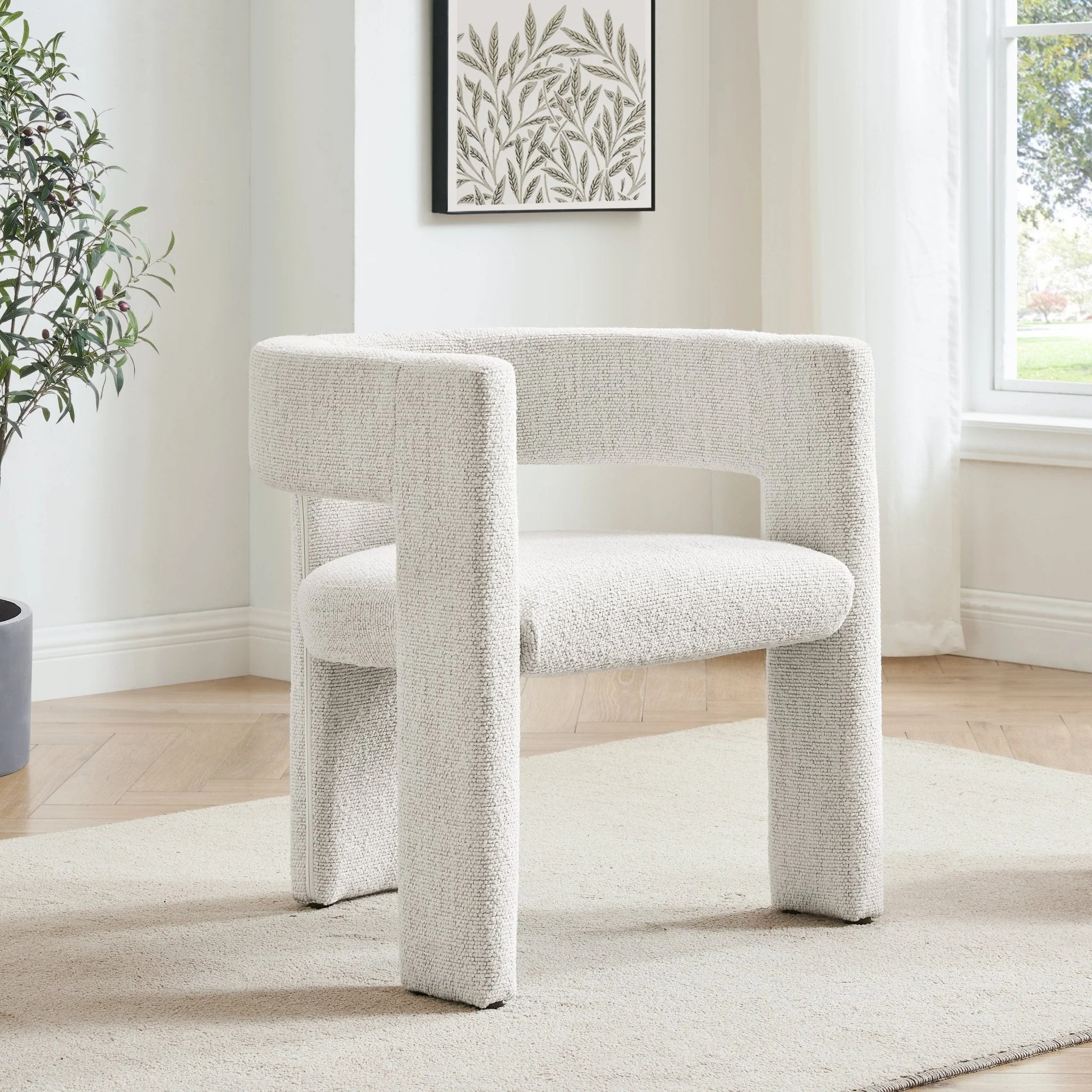 Contemporary Ivory Boucle Dining Chair with Curved Design for Dining Room