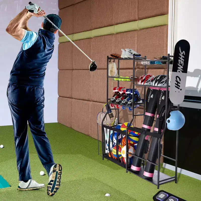 Golf & Sports Garage Organizer for 2 Golf Bags, Wire Baskets, Hooks & 3 Shelves, Steel