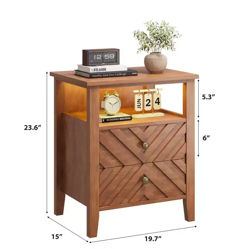 Coolmee LED Night Stand with 2 Storage Drawers and Legs, Farmhouse Nightstand with Open Storage Shelf, Rustic Bedside Table for Bedroom Living Room