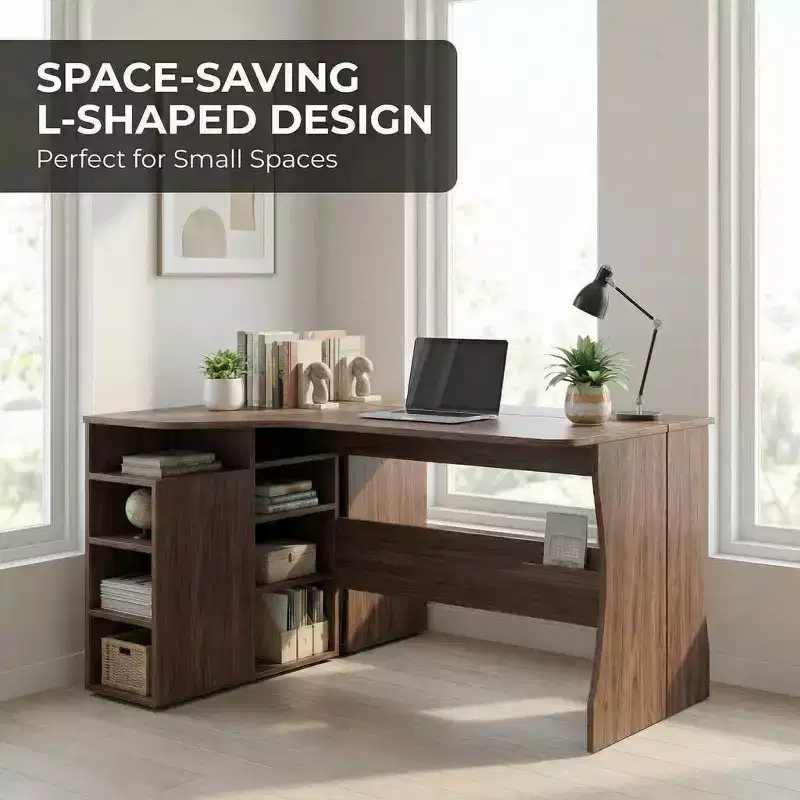 L-Shaped Desk with 3-Tier Storage Shelves, Reversible Small Corner Desk for Small Spaces, Home Office Writing Study & Gaming Computer Workstation