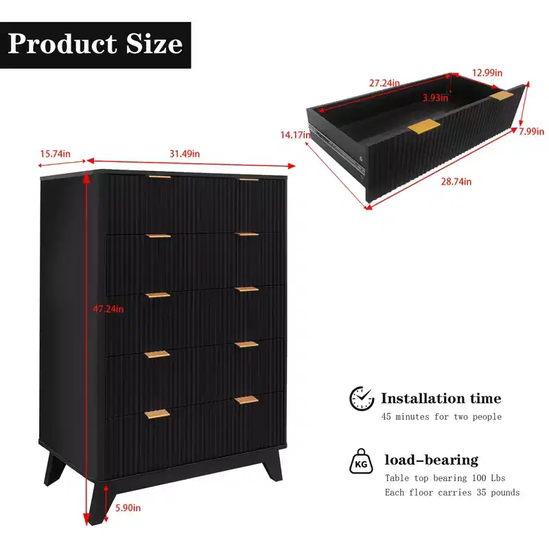 5 Drawer Dresser for Bedroom, Fluted Panel Wooden Chest of Drawers Storage and Organization for Living Room Closet Hallway