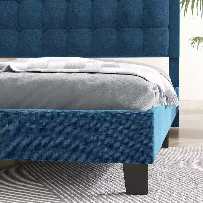 Upholstered Bed Frame with Adjustable Tufted Headboard, Wood Slat Support Platform Bed, No Box Spring Required, Blue
