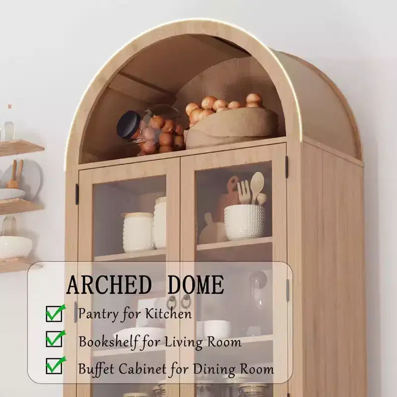 71 Tall Arched Cabinet with Storage, Kitchen Pantry Cabinet, , 6-Shelf Wood Storage Cabinet with Rattan Door and Drawer