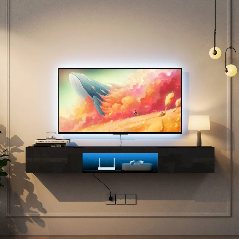 Floating TV Stand Wall Mounted with 20 Color LEDs for 55 60 65 Inch TV