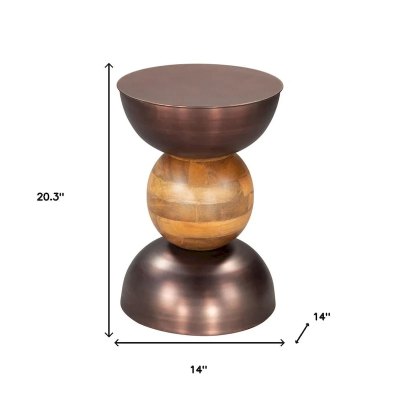 HomeRoots 20 Bronze and Brown Iron and Solid Wood Round Pedestal End Table - 14' X '20.3' X '14