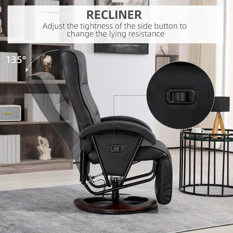 HOMCOM PU Recliner with Footrest, Lounge Chair with 135 Adjustable Backrest, Swivel Wood Base