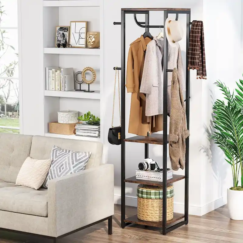 Freestanding Coat Rack with Shelves, 4 Shelves and 8 Hooks