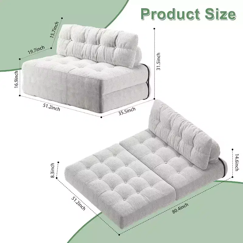 Folding Sofa Bed, Convertible Sleeper Chair with Removable Pillow & Foldable Mattress, Breathable Corduroy Compact Fold-Out Couch with Back Support