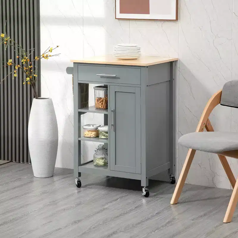 Compact Kitchen Island Cart on Wheels, Rolling Utility Trolley Cart with Storage Shelf & Drawer for Dining Room