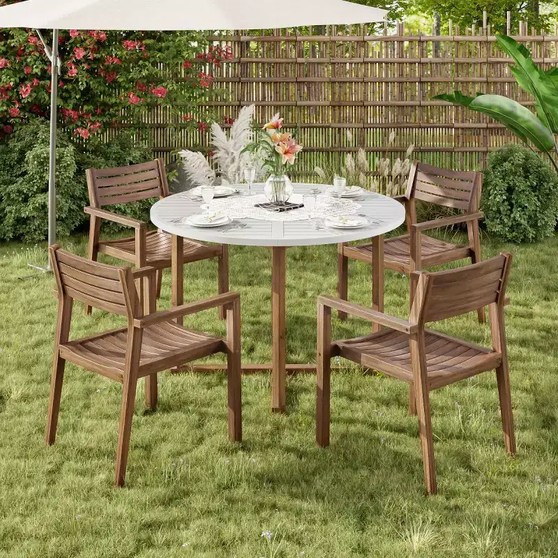 5-Piece Outdoor Acacia Wood Patio Dining Set for 4, Slatted Top Round Table and 4 Chairs, Backyard Furniture for Deck, Poolside-Panipeachy